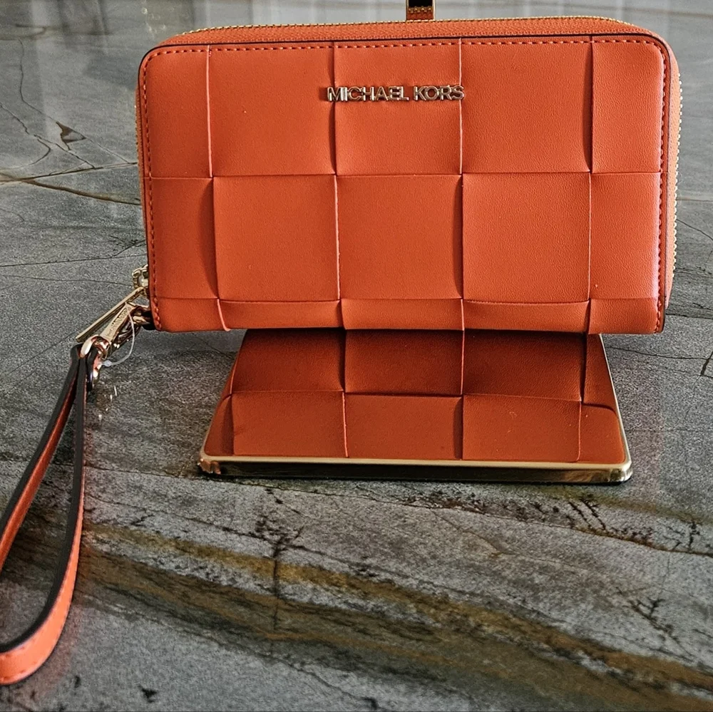NWT Michael Kors Woven Leather Zip-Around Wristlet Wallet | Orange